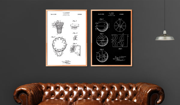Basketball ball and basketball hoop patent posters